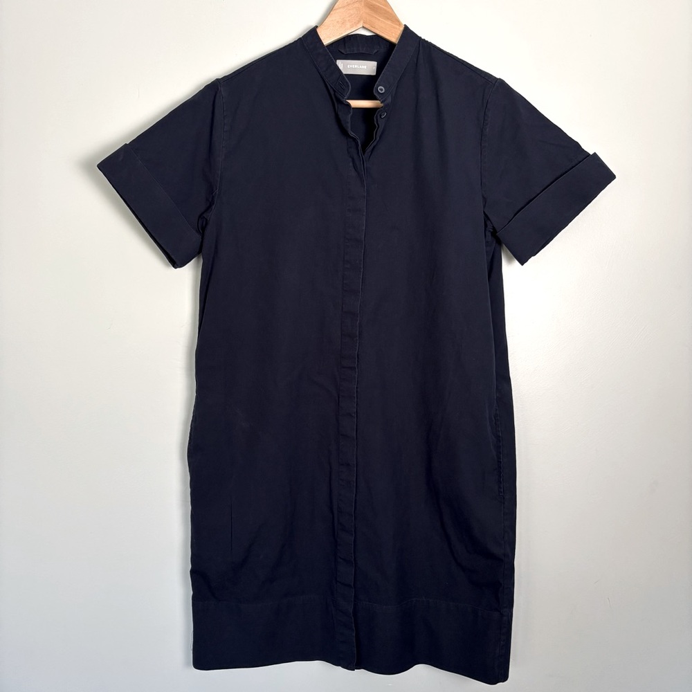 Everlane Collarless Poplin Cotton Shift Shirt Dress-Navy Blue-Size 2-Pockets